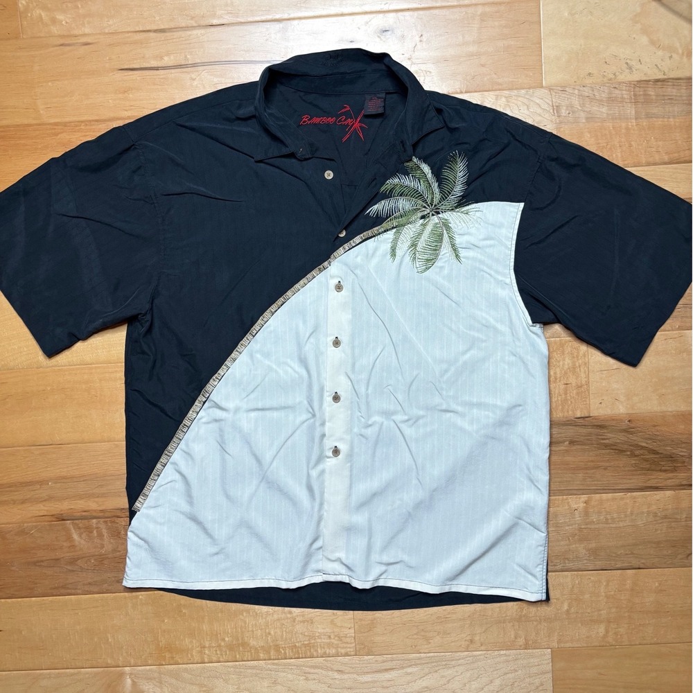 Bamboo Cay Button Up Shirt Mens XXL Black White Palm Tree Embroidered Resort